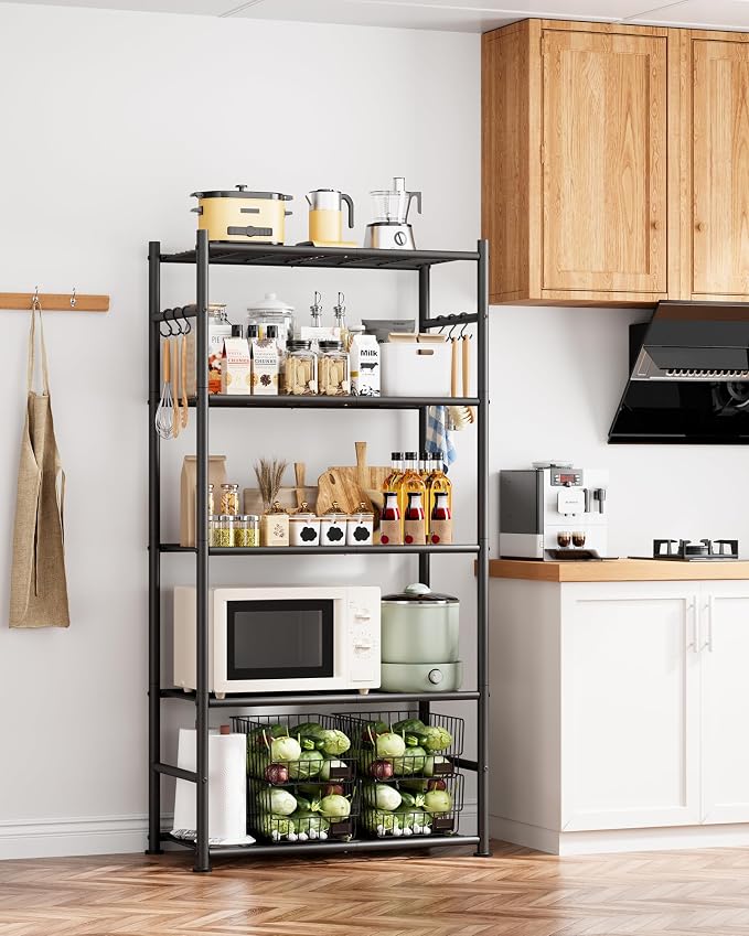 Sakugi Storage Shelves - 5-Tier Large Capacity Shelf Organizer with Hooks, Heavy-Duty Garage Shelving with Leveling Feet, Wobble-Free Rack for Bedroom, Balcony, Garage, 23.6"×13.7"×59", White - Image 2