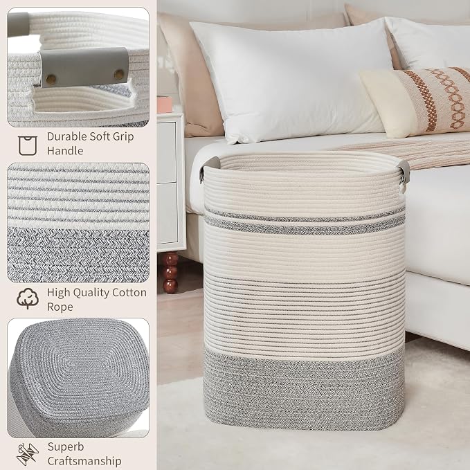 AINUOQI Laundry Basket with Handles - Blanket Basket & Hampers for Bedroom Aesthetic, Laundry Hamper & Blanket Storage for Living Room, Clothes Hamper, Tall, Large 17" x 14" x 22”, Grey & White - Image 4