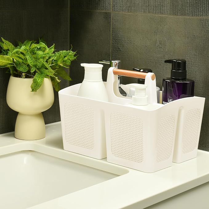 ALINK Portable Shower Caddy Basket with Compartments, Plastic Divided Cleaning Caddy Organizer Storage Tote with Handle for Bathroom, College, Dorm Room Essentials - Beige - Image 3