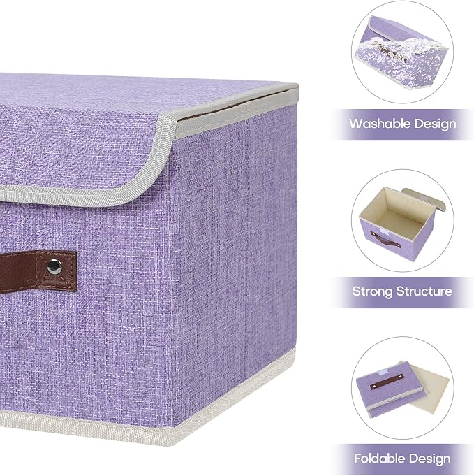 ANMINY Storage Bin with Lid Storage Boxes with PU Leather Handles PP Plastic Board Decorative Foldable Lidded Cotton Linen Fabric Home Cubes Baskets Closet Organizer Container - Purple, Small Size - Image 4