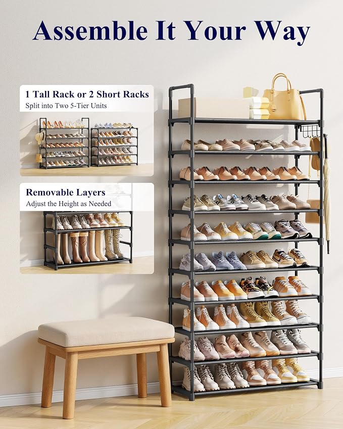 Kitsure Shoe Rack for Closet - 10-Tier Shoe Organizer with Hook Rack, Large-Capacity & Space-Saving Shoe Shelf for Entryway, Bedroom, Living Room,32.2" x 11.8" x 68.5", Black - Image 8