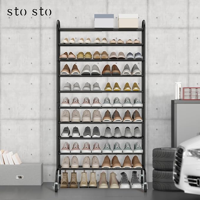 STO STO Expandable Shoe Rack, 10-Tier Metal Tall Shoe Rack for Garage, Up to 44 Pairs Adjustable Shoe Rack Storage for Front Door Entrance, Free Standing Shoe Rack Organizer for Entryway, Black - Image 7