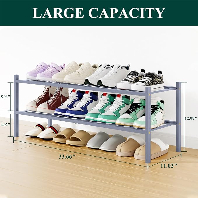 Smiry Shoe Rack, 2 Tier Long Bamboo Shoe Organizer, Stackable Free Standing Wooden Shoe Storage Shelf for Closet, Entryway, Front Door Entrance, Grey - Image 2