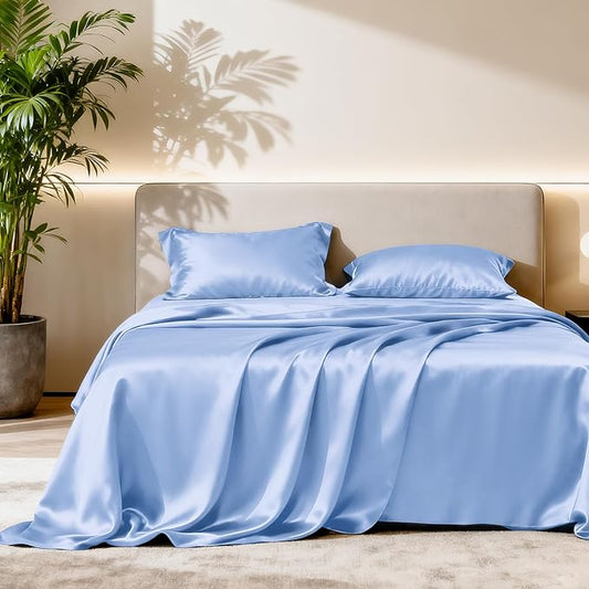 Love's cabin Satin Sheet Set - 3 Piece Sky Blue, Luxury Silky Feel, Twin Size, Deep Pockets, Wrinkle Resistant