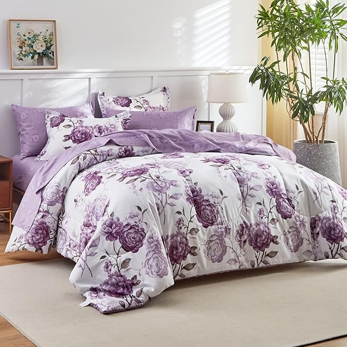 AIKASY 7-Piece Queen Size Bed in a Bag Comforter Set - Thistle Purple Floral Ensemble with Reversible Botanical Flowers Comforter, Sheets, Pillowcases & Shams