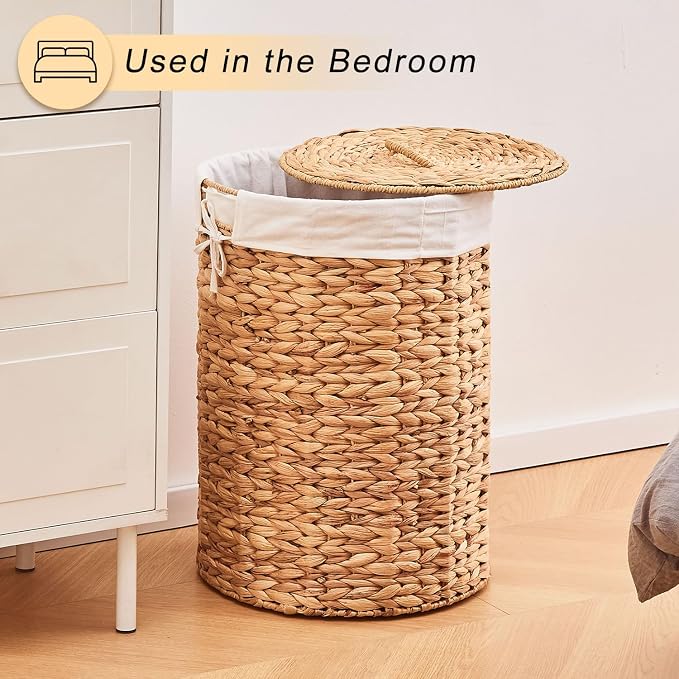 Round Water Hyacinth Laundry Hamper with Lid Handwoven Wicker Basket with Handles for Dirty Clothes, Storage, and Organization Ideal for Bedroom, Bathroom, and Laundry Room, No Assembly Required, 60L - Image 5