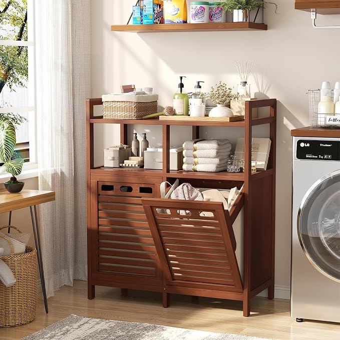 Homykic Tilt Out Laundry Hamper Cabinet, Bamboo Double Laundry Hamper with 2 Removable Laundry Baskets, 20 Gal Laundry Sorter Organizer with Shelf for Dirty Clothes, Bathroom, Laundry Room, Walnut - Image 3
