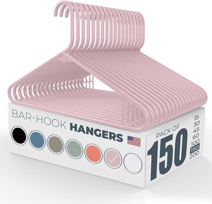 Neaties Plastic Hangers 150 Pack – Made in The USA – 6lb Capacity Standard Clothes Hangers with Strap Hooks for Dresses, Lingerie, Shirts, Pants, and Jackets – Pink by NeatiesHangers