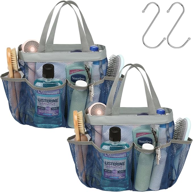 F-color Mesh Shower Caddy Portable - 2 Handles Upgrade Deeper 7 Pockets Basket Bag Tote for College Dorm Room Toiletry Bathroom Essentials Gym Camp Quick Dry with S Hook, 2 Pack Blue by F-color