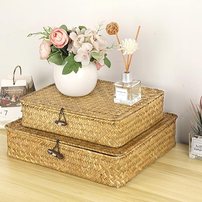 Hipiwe Set of 2 Flat Woven Wicker Storage Bins with Lid Natural Seagrass Basket Boxes Multipurpose Home Organizer Bins Boxes for Shelf Organizer, Caramel - Image 2