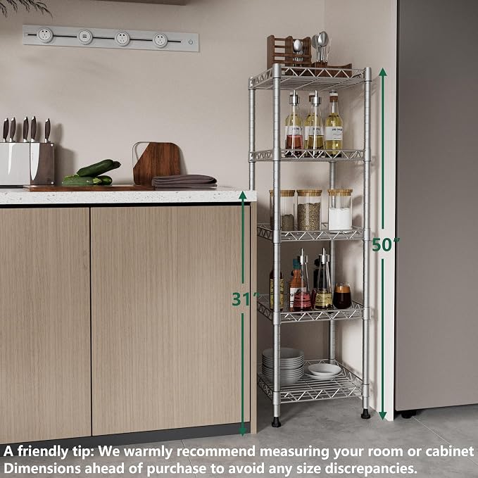 GIOTORENT 5 Tier Standing Shelving Metal Units, Adjustable Height Wire Shelf Display Rack for Laundry Bathroom Kitchen 11.8 W x 11.8 D x 50 H (5-Tier, Grey, Matte/Glossy Finish) - Image 4
