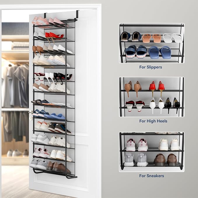 Whitmor 36 Pair Over The Door Shoe Organizer, 12 Tier Hanging Shoe Organizer, Heavy Duty Metal & Mesh Shoe Holder, Hanging Shoe Rack for Closet Organizer, 69"L x 21.7"W x 7.5"H, Matt Gunmetal - Image 5