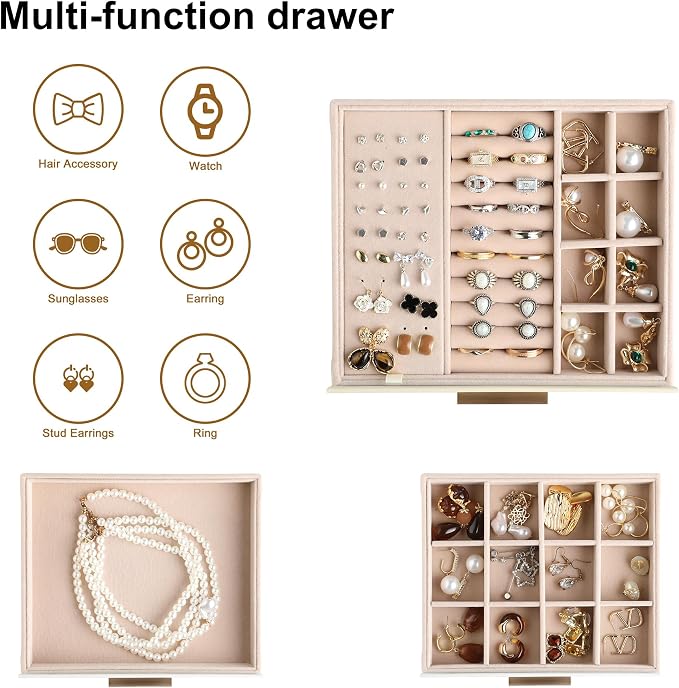 Frebeauty Clear Lid Jewelry Box,3-Layer Jewelry Organizer with Drawer,PU Leather Jewelry Organizers and Storage,Jewelry Boxes for Women,Jewelry Storage for Rings Earring Stud,Gift for Women(White) - Image 4