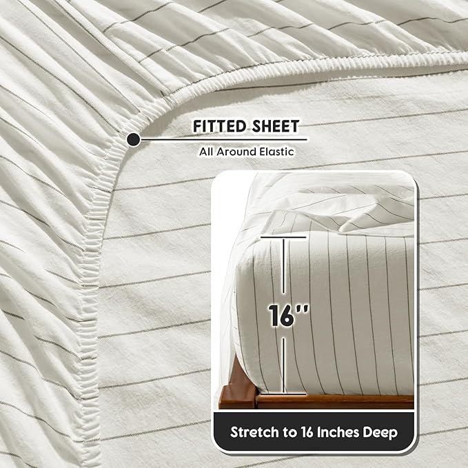 SONORO KATE 100% French Pure Linen Sheets, Breathable and Durable Linen King Size Sheets, Anti-Tear Linen Bed Sheets, Machine Washable, 16 Inch Deep Pocket - 4 Piece (White & Dark Grey Stripes)