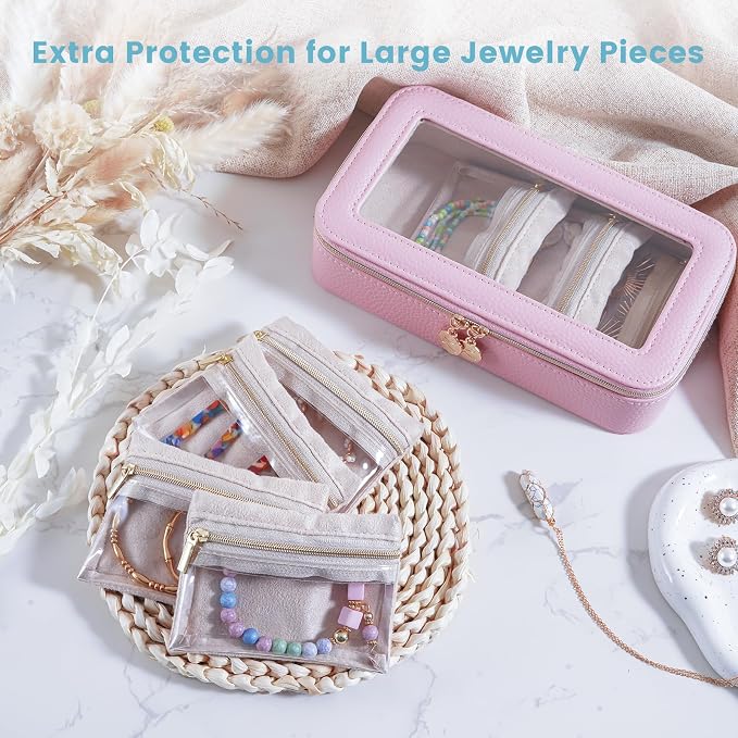 Lolalet 8 in 1 Travel Jewelry Case with Velvet Pouches, Clear Window Travel Jewelry Organizer Bags for Earrings, Bracelets, Necklaces and Rings, Compact Jewelry Storage for Women Girls -Pink, 7PCS - Image 5