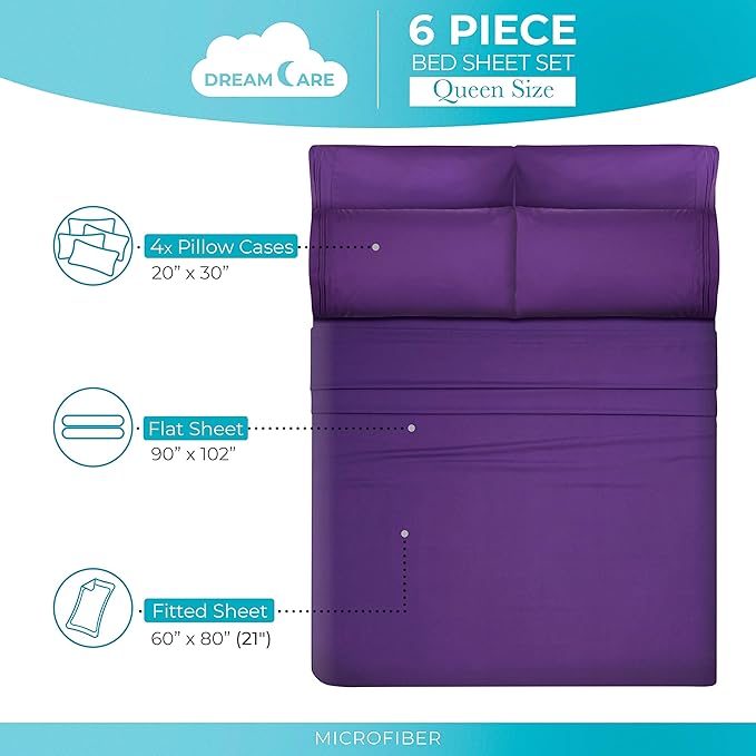 DREAMCARE Queen Sheet Set - 6 pcs Breathable Cooling Bed Sheets - up to 21" Extra Deep Pocket Queen Sheets Set with Side Pockets - Extra Soft 100% Brushed Hypoallergenic Hotel Luxury Bedding - Purple