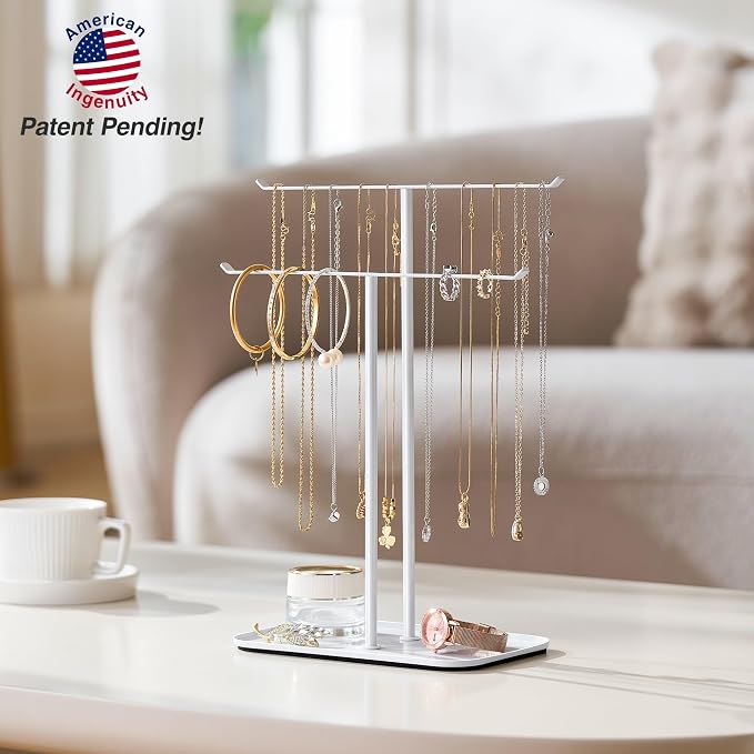 pickpiff Necklace Holder Jewelry Organizer Stand – 2‑Tier T‑Bar Jewelry Display Tree with Tray for Countertop Necklace Bracelet Earring Storage, Vanity Dresser Bathroom Sink, White - Image 5