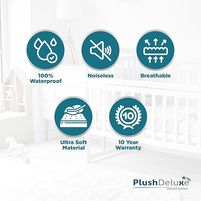 PlushDeluxe Pack and Play Mattress Protector, 39”x27”, Waterproof Playard Pack N Play Mini Crib Cover, Soft Viscose Made from Bamboo with Quilted Terry Cotton Top, Noiseless White Fitted Sheet Style