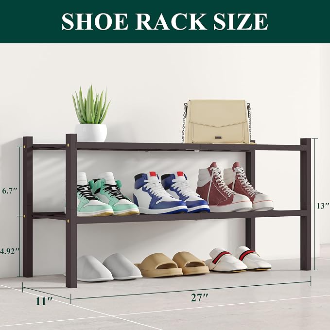 Smiry Shoe Rack, 2 Tier Bamboo Shoe Organizer, Stackable Free Standing Wooden Shoe Storage Shelf for Closet, Entryway, Front Door Entrance, Brown - Image 2