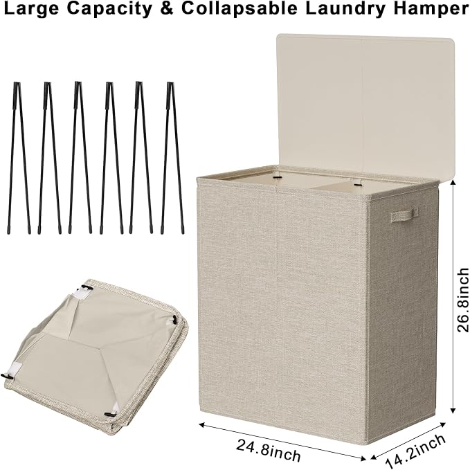 WOWLIVE 154L Double Laundry Hamper with Lid and Removable Laundry Bags, Large Dirty Clothes Hamper 2 section Collapsible Laundry Basket Dorm Room Storage for Bedroom, Bathroom, College,Wheat - Image 5