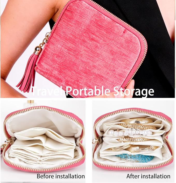 ASINGYER Travel Jewelry Storage Bag for Women, Velvet Portable Jewelry Organizer with Tassel Zipper, Small Pouches for Bracelets Necklaces Rings Earrings, Wedding Gift for Women (hot pink) - Image 3