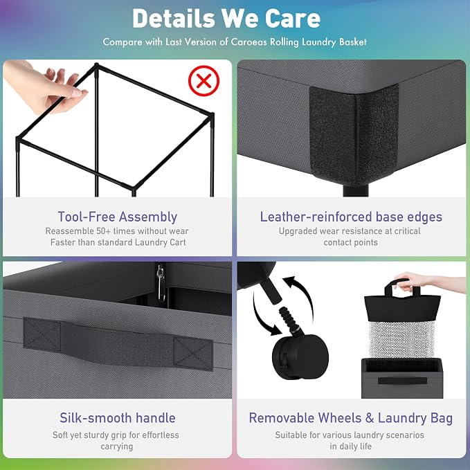Caroeas Next-Gen 105L Matel Frame Laundry Basket with wheels, Heavy Duty Tall Rolling Laundry Hamper with Removable Wash Bag, Collapsible Freestanding Clothes Hamper For Laundry Room (100L,Grey,1Pack) - Image 4