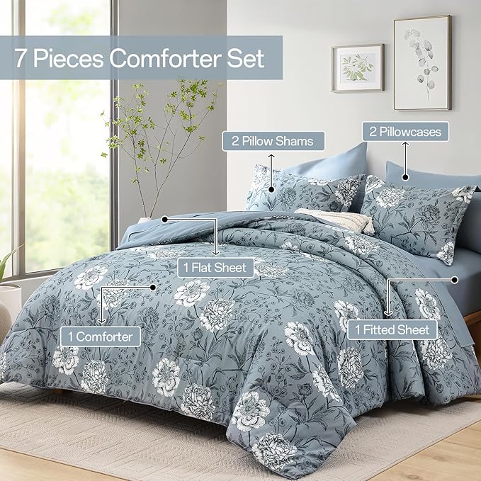 Yiran Queen Size Comforter Set 7 Piece Bed in a Bag Blue Floral Botanical Soft Microfiber Bedding Set Comforter for All Season Bed Set 90"×90"