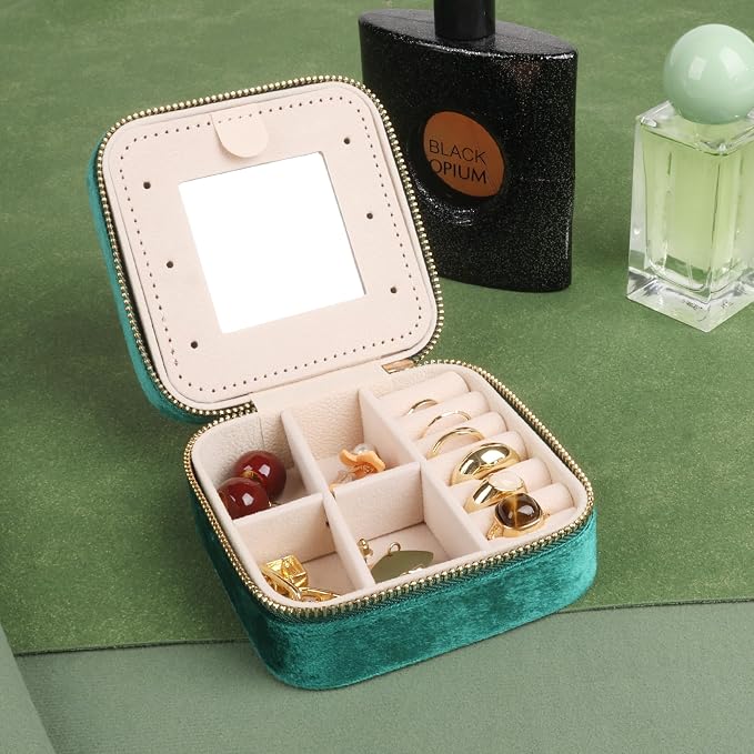 OceeK Plush Velvet Jewelry Box,Travel Jewelry Case and Organizer with Mirror,Jewelry Box for Women Girls,Green,1 Pack - Image 4
