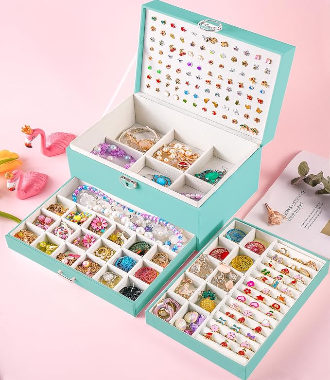 QBestry Earrings Jewelry Box for Girls, 5 Layers Jewelry Organizer with Earring Holder Organizer for Girls Earring Organizer Jewelry Boxes for Women Earrings and Necklaces Jewelry Box Organizer Teal - Image 3