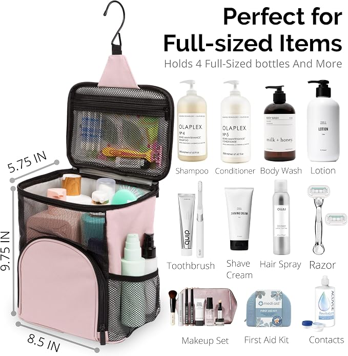 TERRA HOME College Dorm Room Essentials for Girls - Original Shower Caddy Dorm - Portable, Durable, Roomy, Foldable Water Resistant Shower Bag in Light Pink with Metal Hook for Hanging (Blush Pink) - Image 4