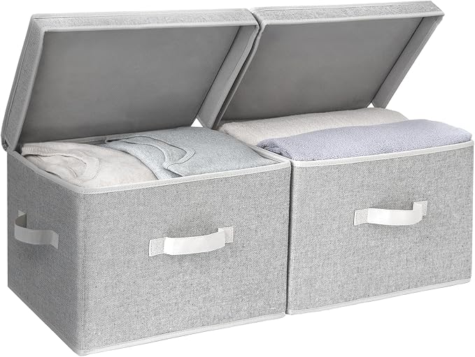 StorageWorks Fabric Storage Bins with Lid, Decorative Storage Boxes for Shelves, Stackable Closet Organizer Basket with Handles, Large, Gray, 2-Pack by StorageWorks