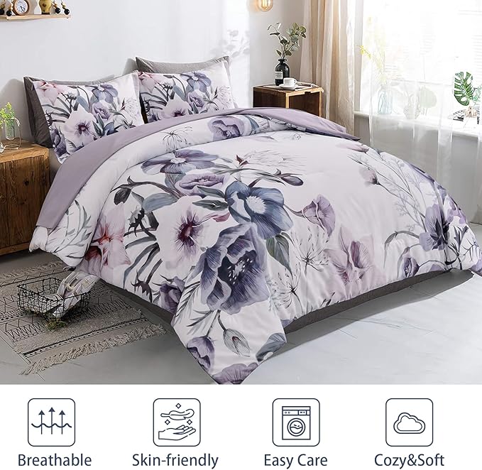 Drucon Floral Comforter Set King Size 3 Piece Purple Floral Bed in a Bag, Soft Microfiber Bedding Set for All Season (Purple, 104"x90")