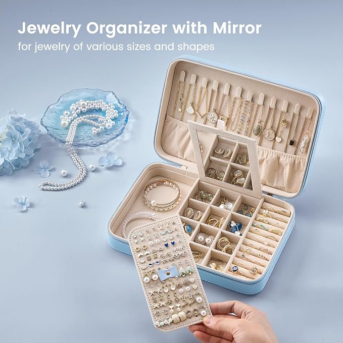 Lolalet Travel Jewelry Case for Women Girls, Travel Jewelry Organizer Box with Mirror & Clear Storage Bag, Small Portable Earring Necklace Bracelet Ring Case, Birthday Valentine Gifts -Large, Blue - Image 2