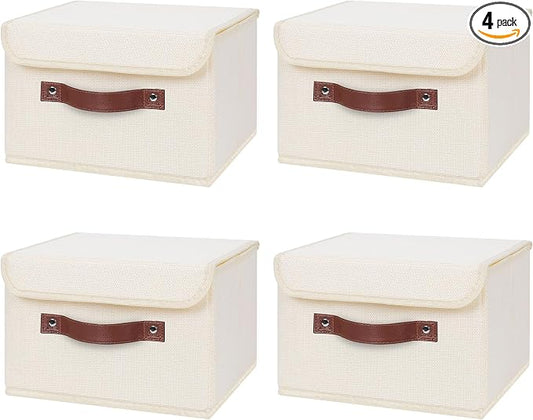 ANMINY 4PCS Storage Bins with Lid PU Leather Handles Storage Boxes PP Plastic Board Decorative Foldable Lidded Cotton Linen Fabric Home Cubes Baskets Closet Organizer Containers - Beige, Small Size by ANMINY