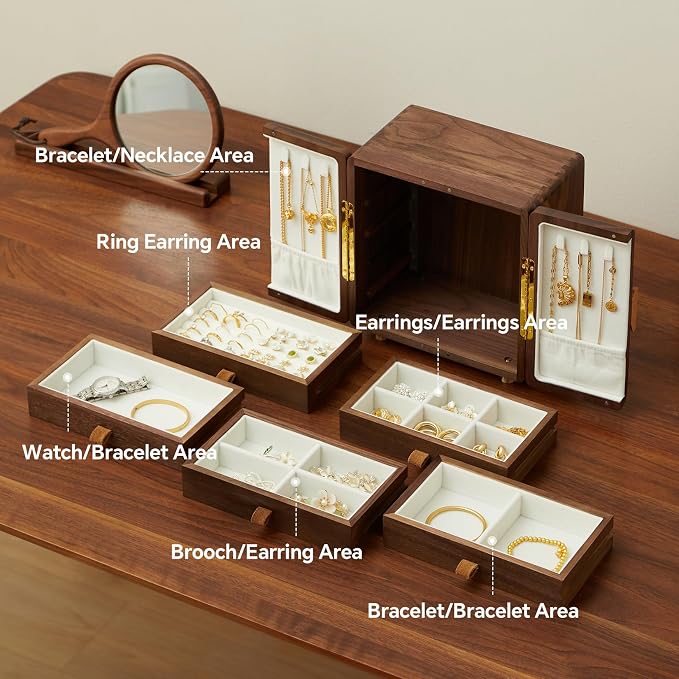 Solid Black Walnut Wood Jewelry Box for Women & Men, Large Velvet Lined Wooden Jewelry Organizer with 5 Drawers, Hand Carved Ginkgo Leaf Handles, Double Door Wardrobe Design - Image 3