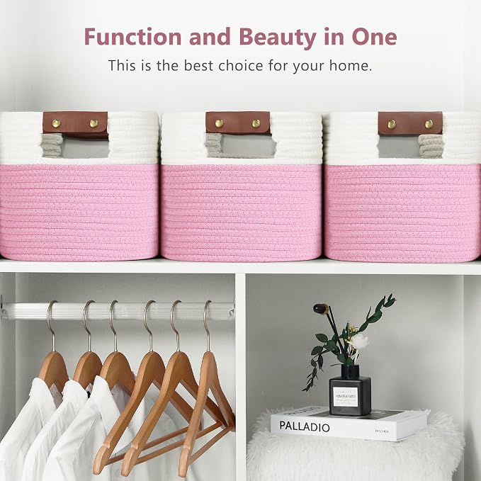 ECDYQXVU Cotton Rope Basket, Storage Baskets with Handle, 15x10x9 Inch Woven Basket for Shelves, Laundry, Towels, Clothes, Books (White/Pink 2Pack) - Image 6