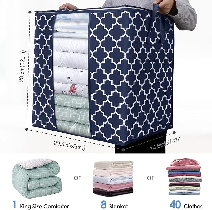 WISELIFE Storage Bags 8 Pack/100L Large Blanket Clothes Organization and Storage Containers for Comforters,Bedding, Foldable Organizer with Reinforced Handle, Clear Window, Sturdy Zippers,Blue