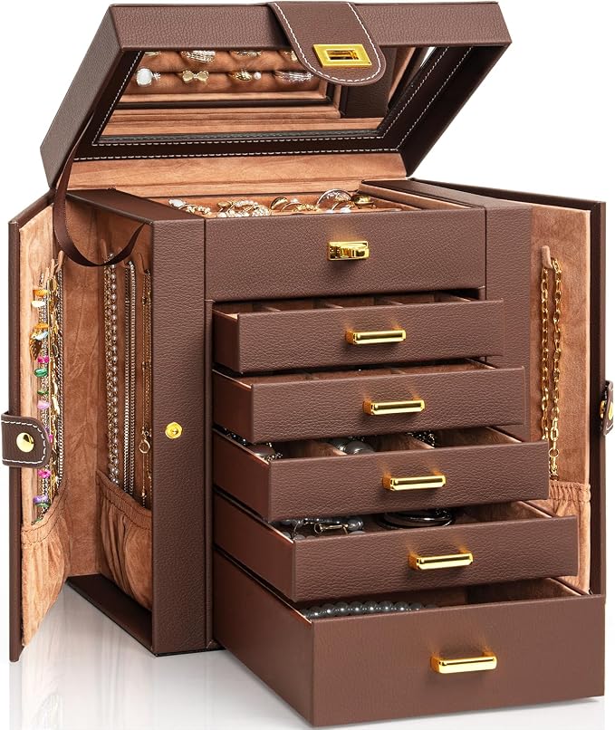 AKOZLIN Jewelry Box Organizer Functional Leather Jewelry Storage Case for Women Girls Ring Necklace Earring Bracelet Holder Organizer with Mirror Brown by AKOZLIN