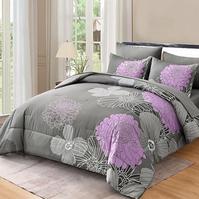 Yiran King Size Comforter Set Grey Purple Comforter Floral Bedding Boho Comforter Set 7 Pieces Soft Microfiber Bed Set for All Seasons 104"×90"