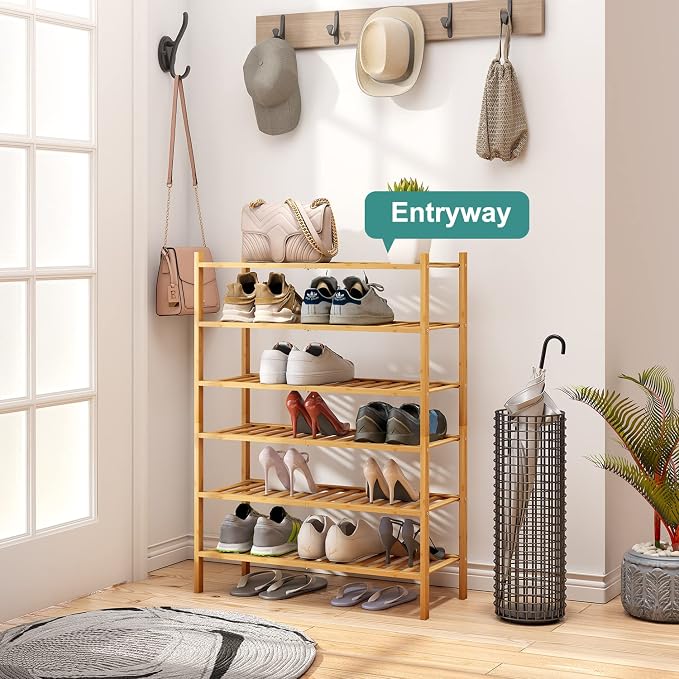 viewcare 6-Tier Bamboo Shoe Rack for Entryway, Stackable | Foldable | Natural, Shoe Organizer for Hallway Closet, Free Standing Shoe Racks for Indoor Outdoor - Image 4