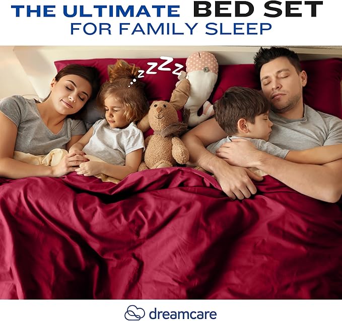DREAMCARE Full Size Cooling Sheets - 4pcs Set - Soft & Long Lasting 100% Fine Brushed Polyester with Side Pocket - Burgundy