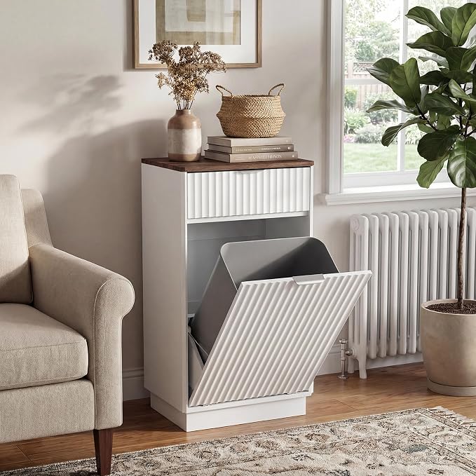 Tilt-Out Trash Cabinet, White Laundry Hamper Cabinet with Black Top, 34.3 x 19 x 13.8 inches, 10 Gallon Capacity, Wave-Textured Front, Storage Drawer. - Image 2