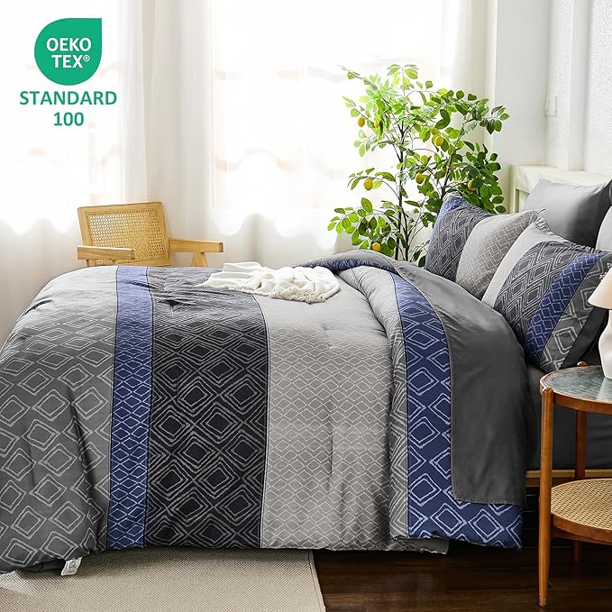 Dinjoy Boho Queen Comforter Set Blue Gray,7 Piece Bed in a Bag Queen Size Warm Striped Fall Bedding Sets with Plaid Comforters with Sheets for Family All Season