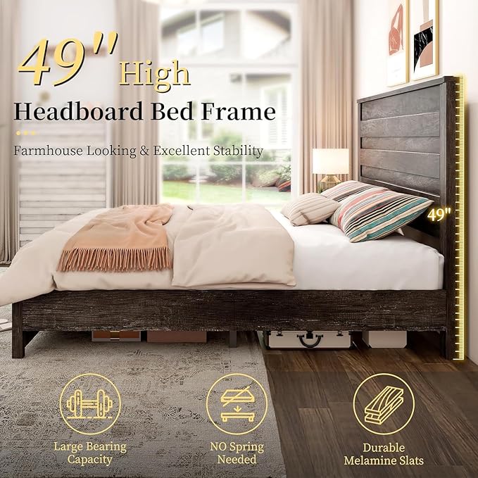 LUXOAK 3 Pcs Bedroom Furniture Sets,Includes Farmhouse King Size Bed Frame with 49" Tall Headboard and Nightstand Sets of 2 with Charging Station, Slated Handles & Stainless Steel Feet, Rustic Grey