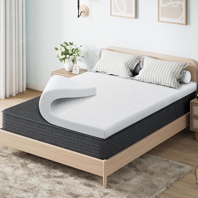 OhGeni 2 Inch Queen Memory Foam Mattress Topper Pad with Cover, Soft Bed Cover with Anti-Slip Base, Enhanced with Cooling Gel，Premium Comfort for Sleep & Back Pain Relief, Removable & Washable
