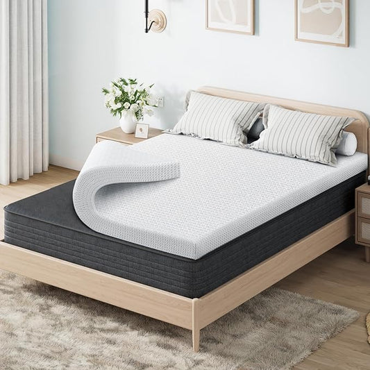OhGeni 2 Inch Queen Memory Foam Mattress Topper Pad with Cover, Soft Bed Cover with Anti-Slip Base, Enhanced with Cooling Gel，Premium Comfort for Sleep & Back Pain Relief, Removable & Washable
