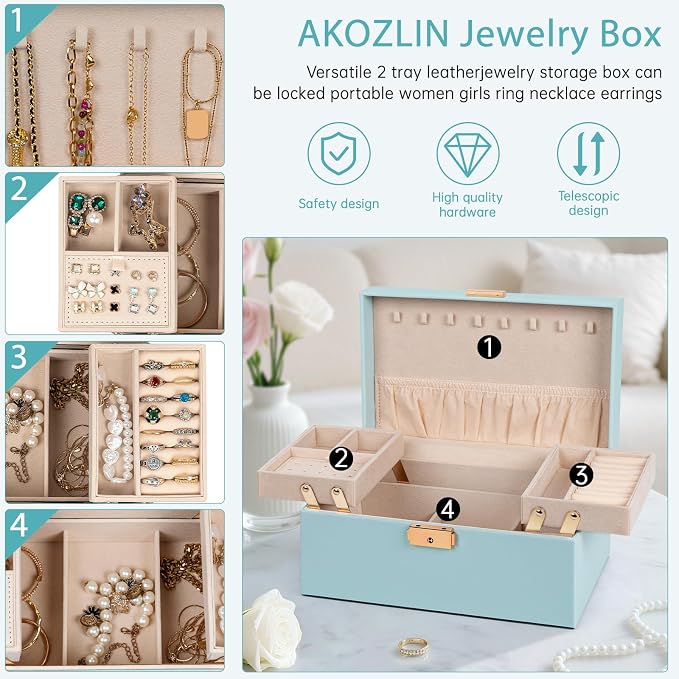 AKOZLIN Travel Jewelry Box Organizer Functional 2-trays Leather Jewelry Storage Case with Lockable Portable for Women Girls Ring Necklace Earring Bracelet - Image 3