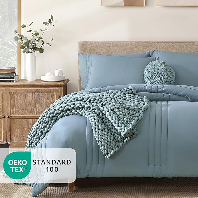 Monbix Queen Comforter Set - 7 Pieces Dusty Blue Bed in a Bag Queen Bedding Sets with Comforters, All Seasons Comforter Bed Set with Sheets, Pillowcases & Shams