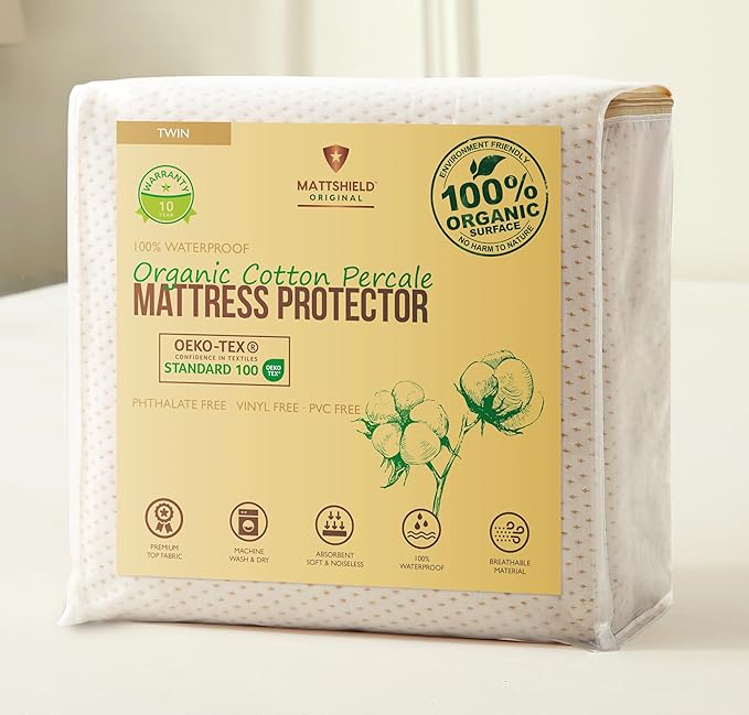 Deluxe Cooling Organic Percale Mattress Protector Twin Size - 100% Waterproof - Crisp, Breathable Percale Feel - OCS Certified 280GSM 3D Air-Knit Breathable Mattress Pad - Noiseless Deep Pocket