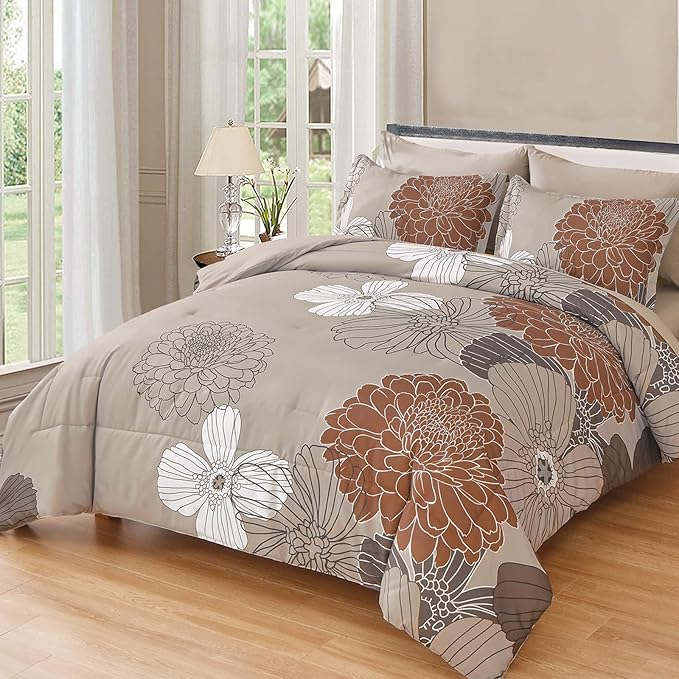 Yiran Floral Comforter Set King Size,7 Pieces Bed in a Bag Taupe Brown Comforter Soft Microfiber Bedding Sets 104"×90"
